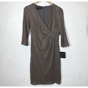Jones New York Women's‎ 6 Faux Wrap Lace Crochet Dress Taupe Brown Metallic Gold